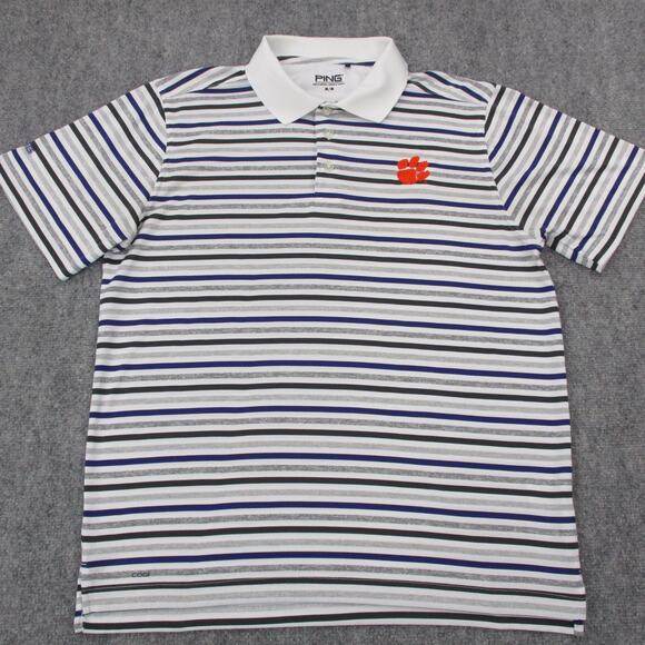 Clemson Tigers Shirt Mens Medium White Gray Striped Polo NCAA Football PING Golf - Picture 1 of 16